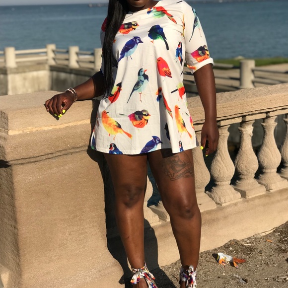 White Half Sleeve Birds pattern Random Loose Dress - Picture 1 of 3